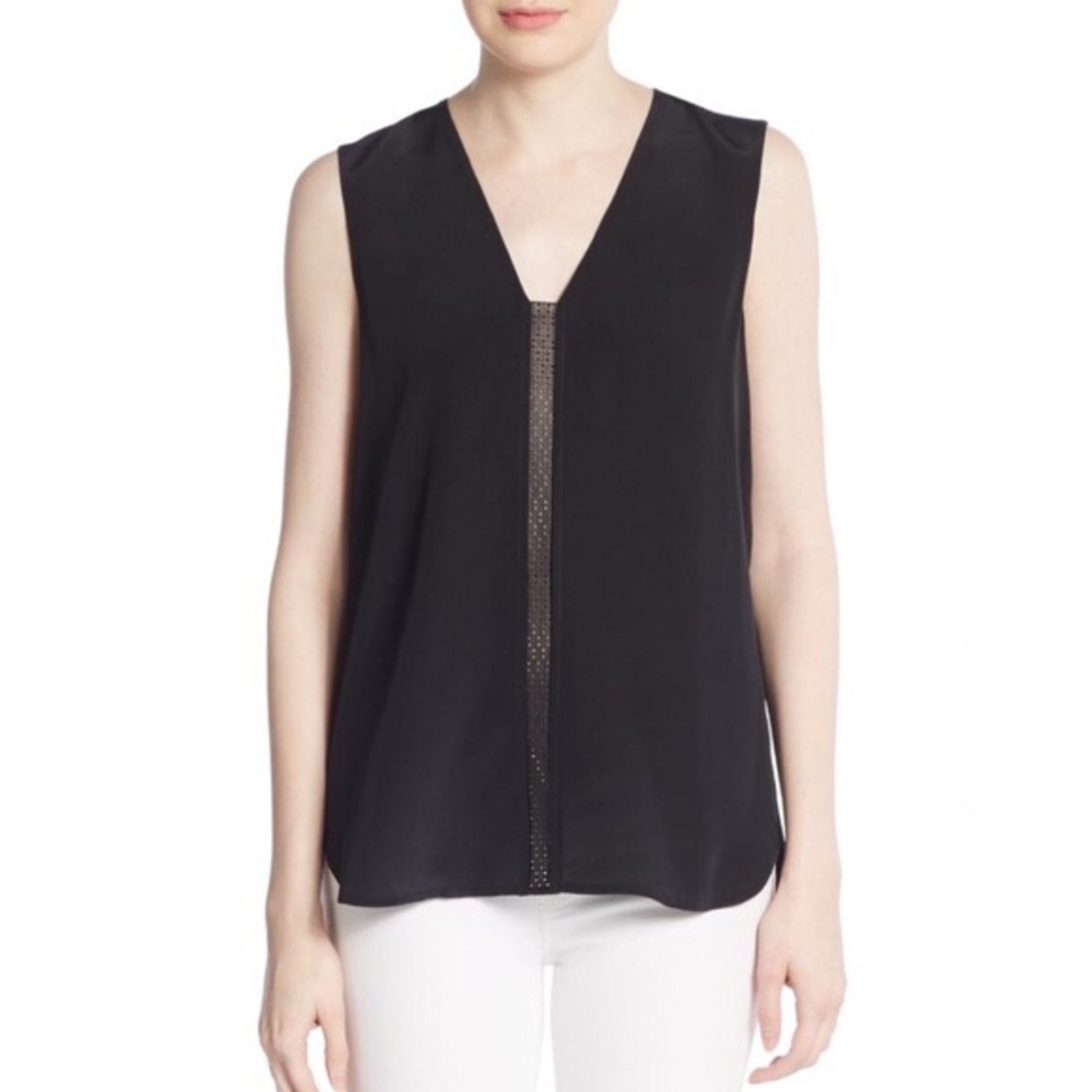 Vince Black Silk Blouse w/ Perforated Leather Trim